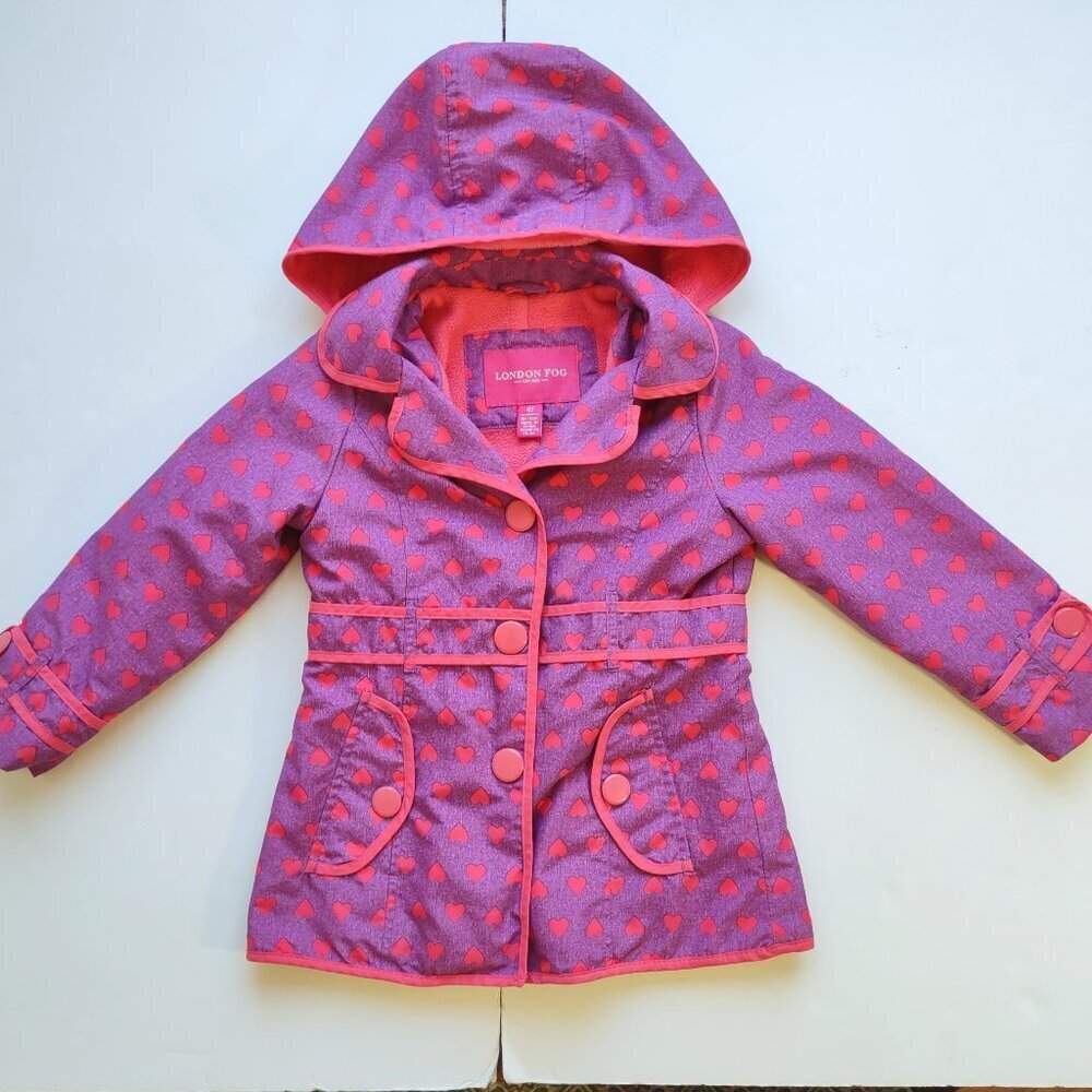 Girls 4T London Fog Hooded Rain Jacket Coat Fleece Lined Full Zip Pockets 4T